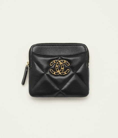 CHANEL 19 Zipped Coin Purse Shiny Lambskin, Gold-Tone, Silver-Tone & Ruthenium-Finish Metal Black - reference: AP2086B0485294305