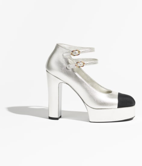 Mary Janes Agneau laminé & gros-grain Argenté & noir - référence: G46433B20274U0457